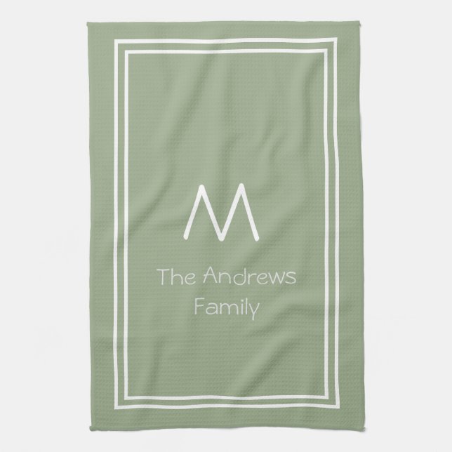 Paño De Cocina Elegante Sage Green Personalizado Monogramado (Vertical)