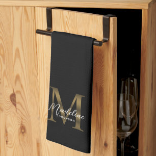 Paño De Cocina Elegante Script Metallic Black and Gold Monograma