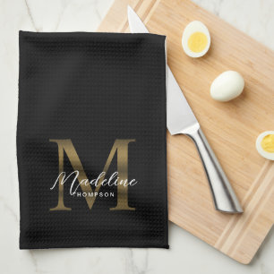Paño De Cocina Elegante Script Metallic Black Gold Monograma