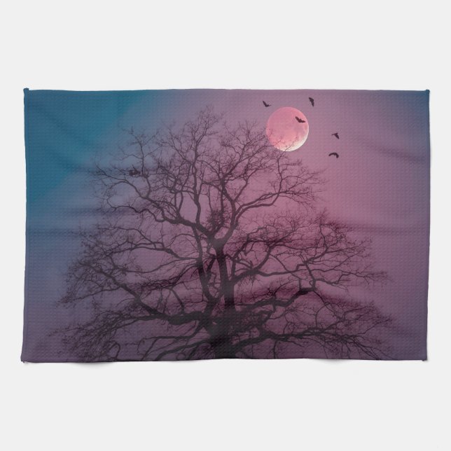 Paño De Cocina Elegante Spooky Halloween Theme Tree Moon Artwork (Horizontal)