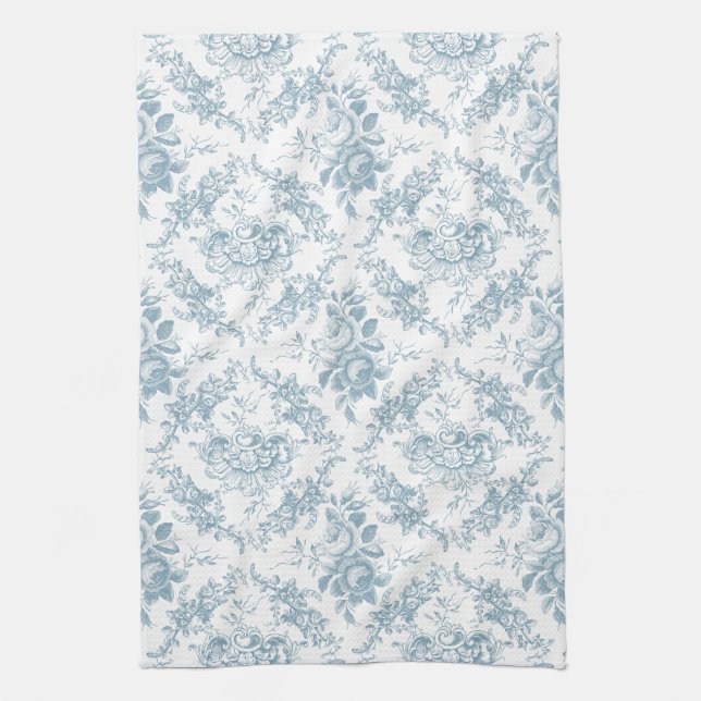 Paño De Cocina Elegante tela floral azul y blanca grabada (Vertical)