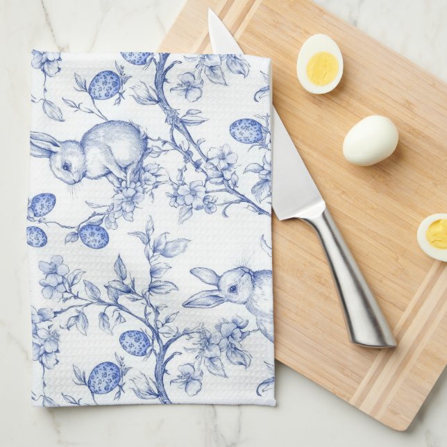 Paño De Cocina Elegante Toile De Jouy Blue Easter Bunny (Doblado Cuarto)