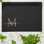 Paño De Cocina Elegante y elegante nombre de guión de monograma d<br><div class="desc">Moderna Elegante Elegante Negro Oro Monograma Script Nombre Toalla de Cocina</div>