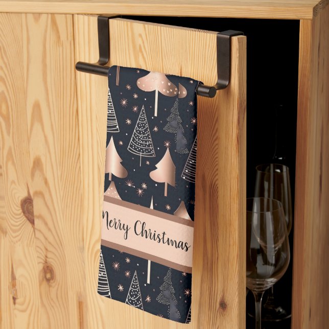 Paño De Cocina Elegantes árboles de oro y navidad negra (Pliegue de tercios)