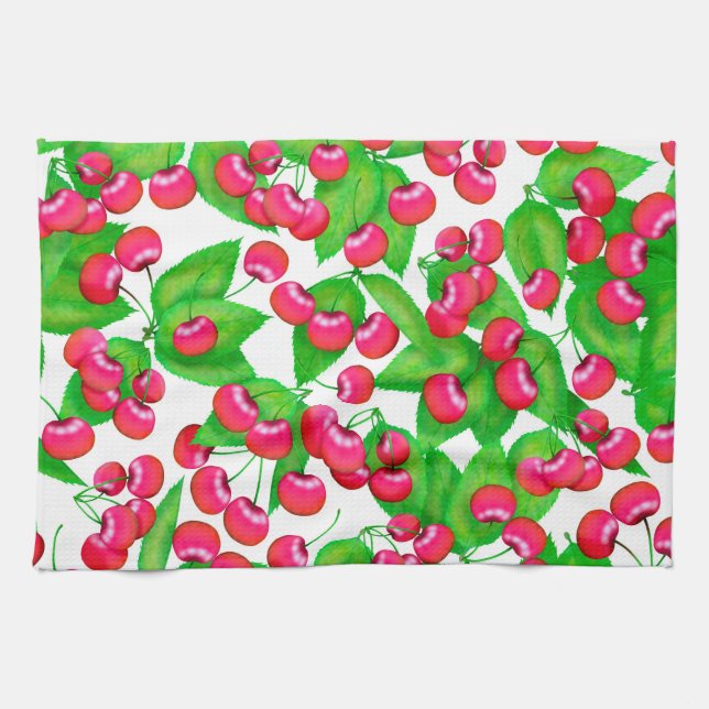 Paño De Cocina Elegantes cerezas rojas y patrón de hojas verdes | (Horizontal)