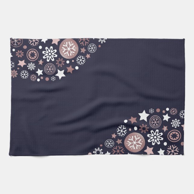 Paño De Cocina Elegantes copos metálicos de nieve dorada rosa (Horizontal)