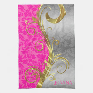 Paño De Cocina Elegantes damasquinados rosados Swirls dorados y p