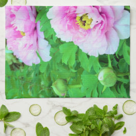 Paño De Cocina Elegantes flores de peón rosado con centro amarill