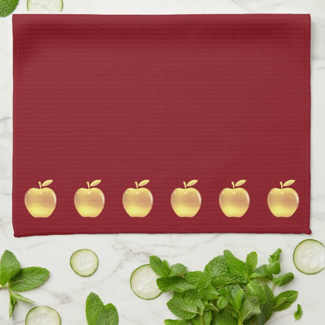Paño De Cocina Elegantes manzanas doradas en rojo (Doblado)