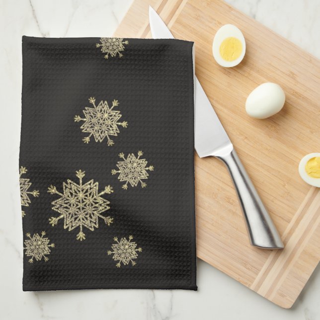 Paño De Cocina Elegantes Navidades de copos de nieve negros y dor (Doblado Cuarto)