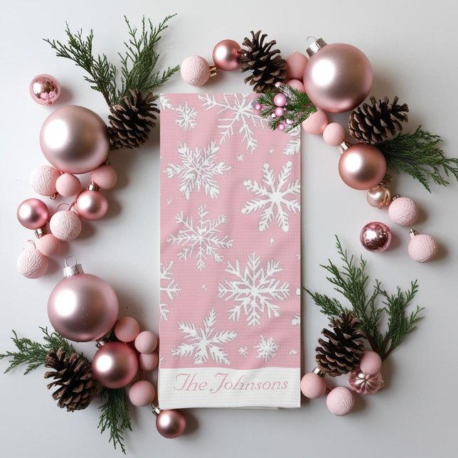 Paño De Cocina Elegantes Navidades de diseño de copos de nieve ro (Elegant Vintage Pink Snowflakes pattern Christmas Kitchen Towel)