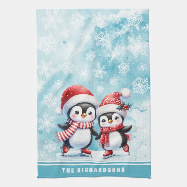 Paño De Cocina Elegantes Navidades de la familia de los Pingüinos (Vertical)