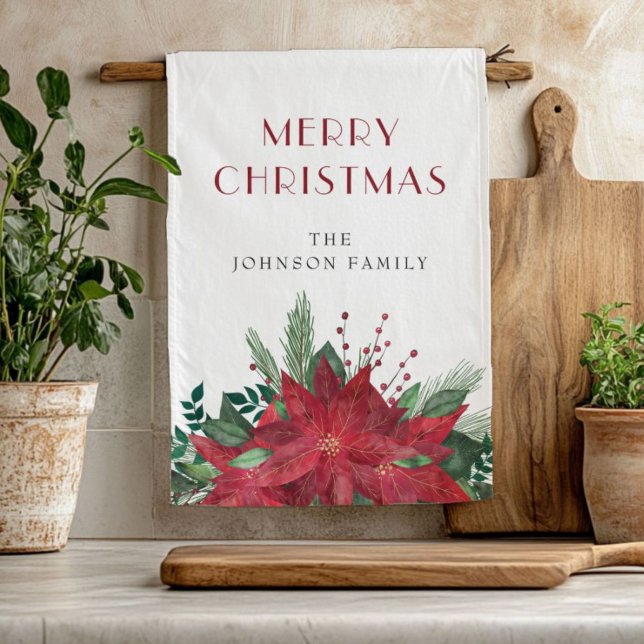 Paño De Cocina Elegantes Navidades de Poinsettia Floral Roja (Elegant Red Floral Poinsettia Christmas Kitchen Towel)