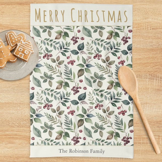 Paño De Cocina Elegantes Navidades Rústicos Personalizados de la  (A festive kitchen towel with 'Merry Christmas' greeting, greenery, red berries and custom text)