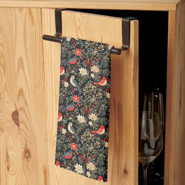 Paño De Cocina Elegantes pájaros festivos y Navidades florales ro (Pliegue de tercios)