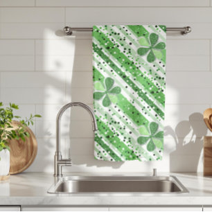 Paño De Cocina Elegantes Rayas Blancas y Verdes Trebol Brillante