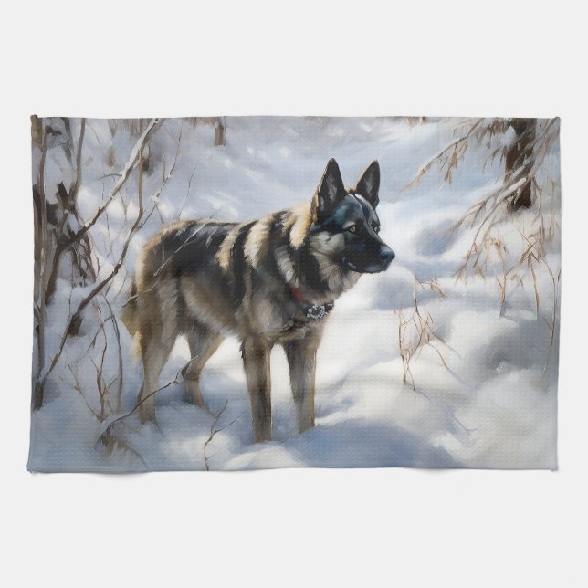 Paño De Cocina Elkhound noruego deja que nieve Navidades (Horizontal)