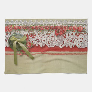 Paño De Cocina Encaje de Rosa Antigua Arpillera Roja Victoriana R