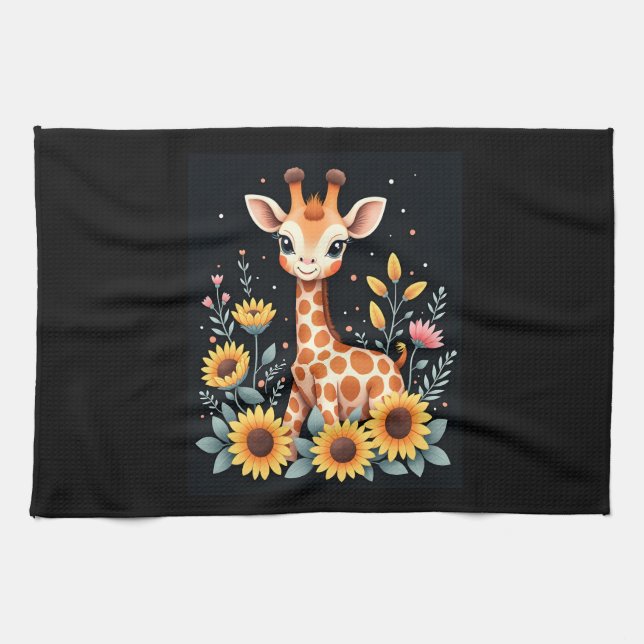 Paño De Cocina Encantadora Girafa Rodeada De Flores De Larga Mang (Horizontal)