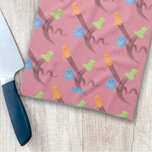 Paño De Cocina Encantadores fantasmas, personalizables, en rosa (Charming ghosts, customisable, on pink kitchen towel
)