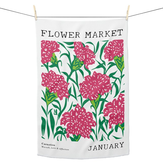 Paño De Cocina Enero Mercado de Flores Nacidas Green & Pink Carna (Personalized January Birth Flower Market Kitchen Towel, Custom Carnation Floral Print Kitchen Towel)
