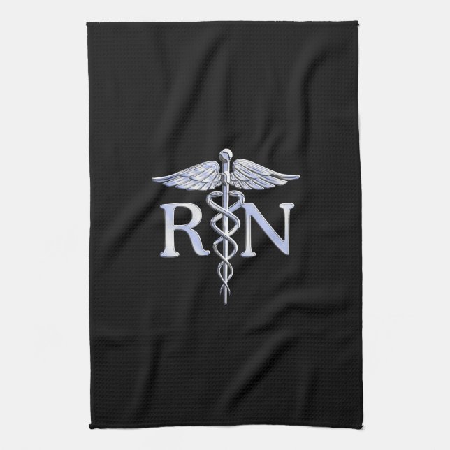 Paño De Cocina Enfermera inscrita RN Silver Caduceus Snakes Black (Vertical)