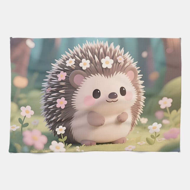 Paño De Cocina Erizo Adorable con Flores Bosque Kawaii (Horizontal)