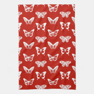 Paño De Cocina Esbozo de mariposa, rojo profundo y blanco