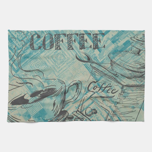 Paño De Cocina Esbozo moderno de arte para café azul (Horizontal)