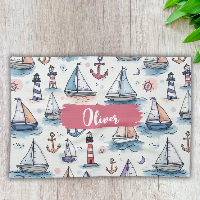 Paño De Cocina Esbozos de ensueño de barcos de vela Anclas y Faro (Subido por el creador)