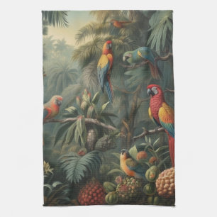 Paño De Cocina Escena botánica de loros y piñas