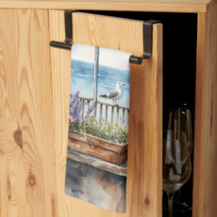Paño De Cocina Escena costera en acuarela Vista de ventana junto