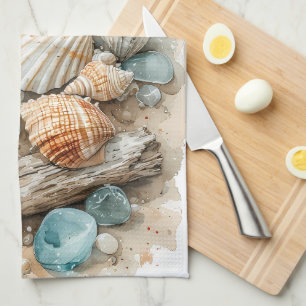 Paño De Cocina Escena de agua de mar costera con madera flotante 