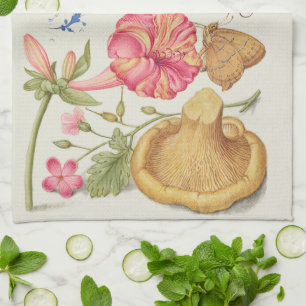 Paño De Cocina Escena de jardín con flores, mariposa y hongo