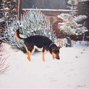 Paño De Cocina Escena de nieve de invierno con perro negro lindo