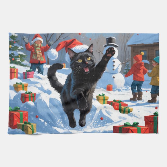 Paño De Cocina Escena de nieve festiva para Navidades de gato neg (Horizontal)