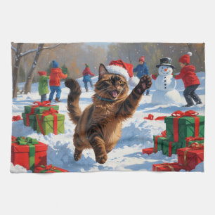 Paño De Cocina Escena festiva de Navidad con gato abisinio en la 