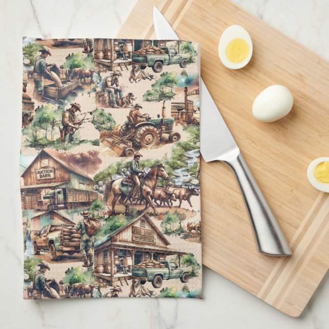 Paño De Cocina Escenas de Rancho Occidental o Granja de Campo (Doblado Cuarto)