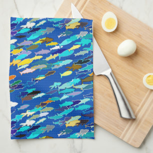 Paño De Cocina Escuela de peces, azul oscuro, blanco y turquesa