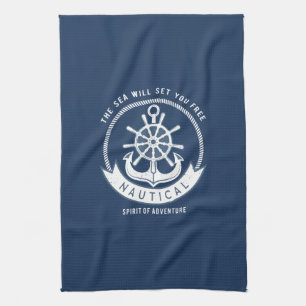 Paño De Cocina Espíritu Náutico Ancla, Rueda, Azul Marino