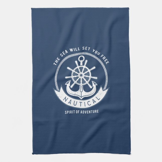Paño De Cocina Espíritu Náutico Ancla, Rueda, Azul Marino (Vertical)