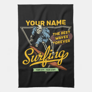 Paño De Cocina Esqueleto de surf personalizado montando olas surf