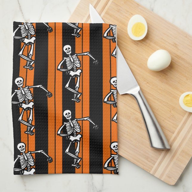 Paño De Cocina Esqueletos danzantes Halloween a rayas (Doblado Cuarto)