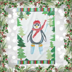 Paño De Cocina Esquí pingüino en una montaña de árboles de Navida