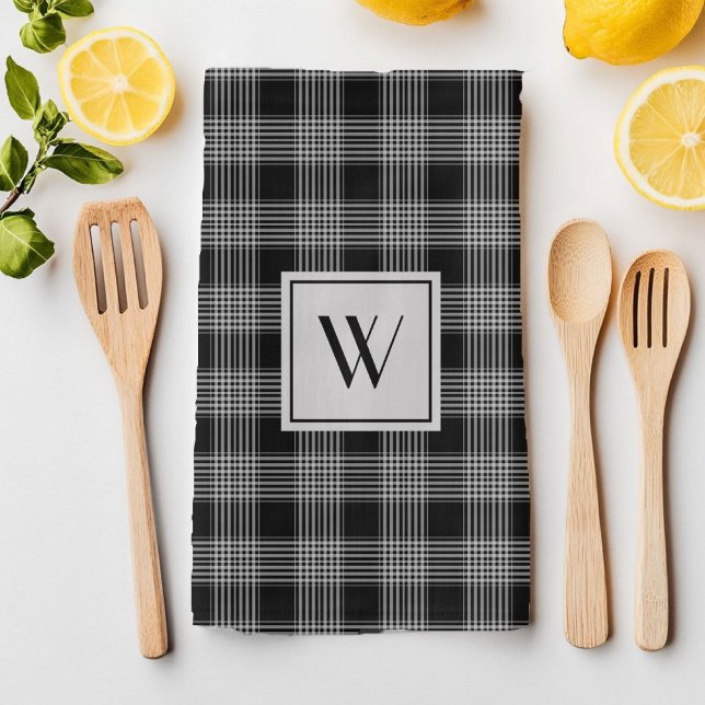 Paño De Cocina Estampado de Cuadro Escocés Negro y Gris con Monog (Monogrammed Black & Gray Checkered Plaid Pattern Kitchen Towel)
