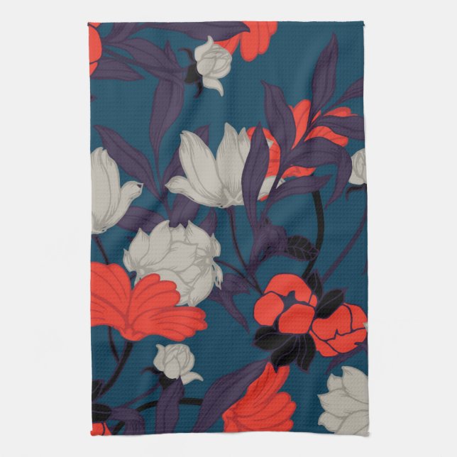 Paño De Cocina Estampado de flores azul y rojo elegante (Vertical)