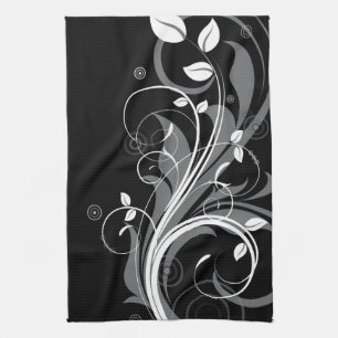 Paño De Cocina Estampado de flores gris en negro