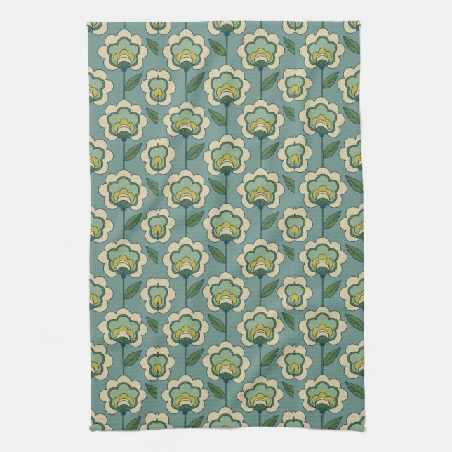 Paño De Cocina Estampado de flores verde azulado y amarillo (Vertical)