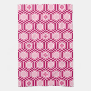 Paño De Cocina Estampado de kimono hexagonal, burgundy y rosa