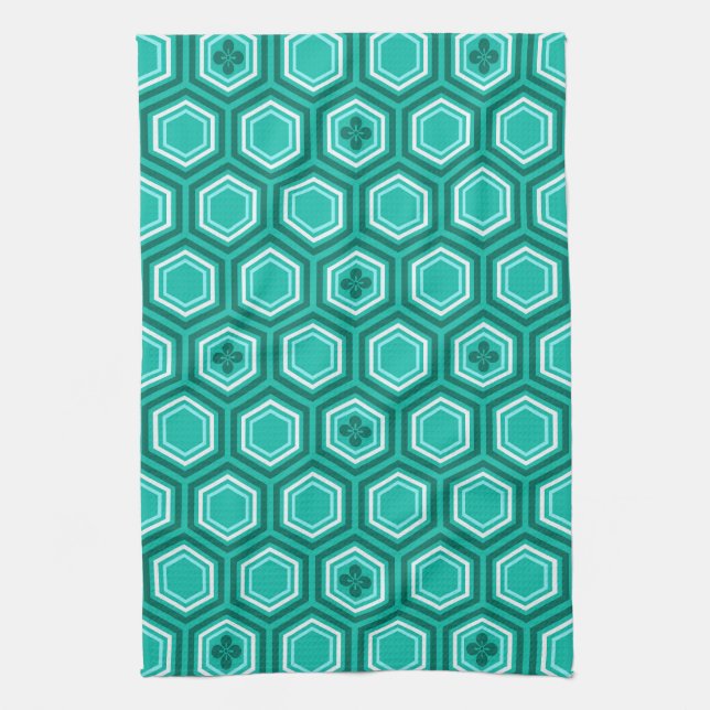 Paño De Cocina Estampado de kimono hexagonal, verde azulado, aqua (Vertical)